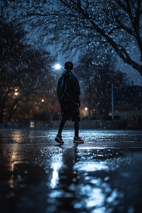 Teenager Dribbling Basketball in Rainy Night