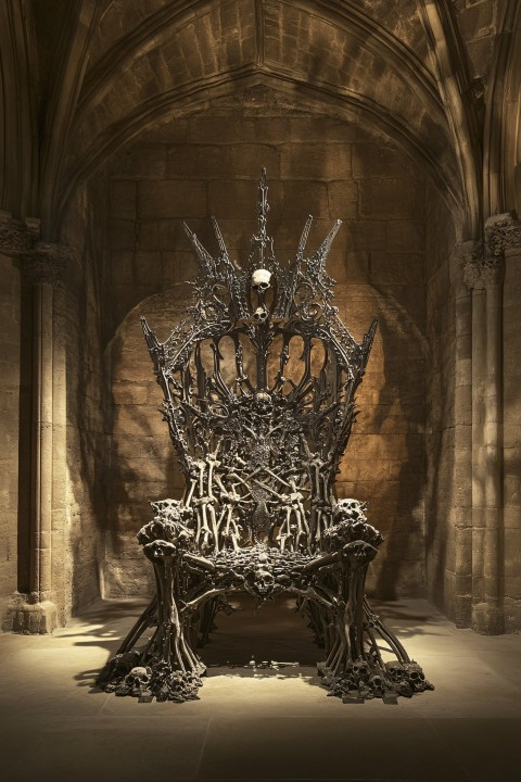 Gothic Bone-Adorned Throne in Warm Stone Room