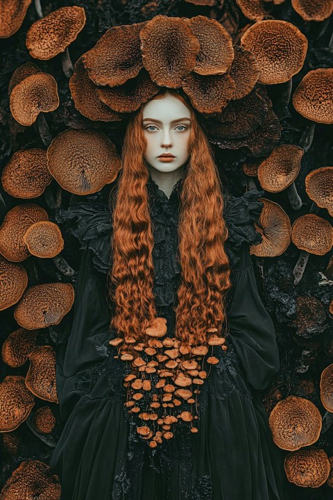 Auburn-Haired Woman in Mycelium Fungi Fashion