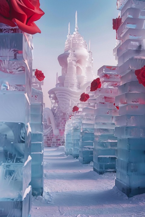 Surreal Ice Castle with Frozen Roses in Snow