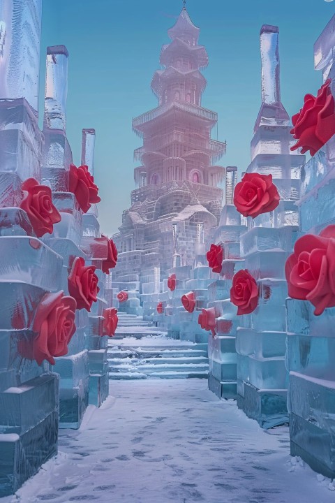 Ice Castle with Roses Frozen in Translucent Cubes