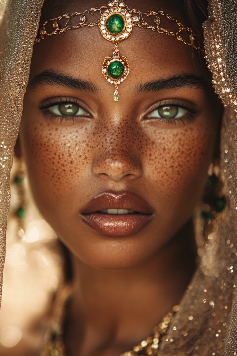 Beautiful African Woman in Gold Veil Portrait