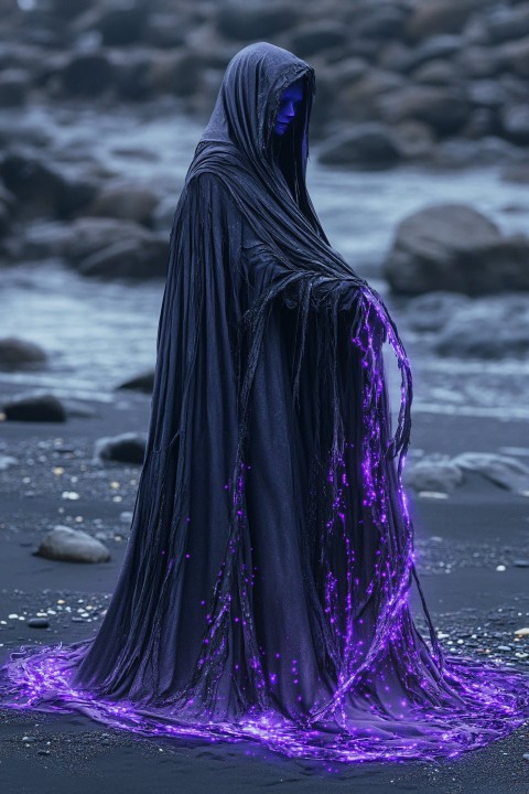 Haunting Portrait of La Llorona on Black Sand