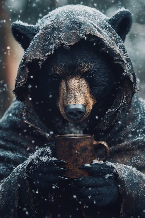 Black Bear in Cloak with Coffee Mug