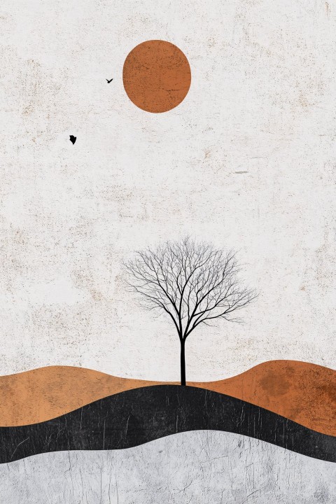 Minimalist Tree and Hills Landscape Artwork