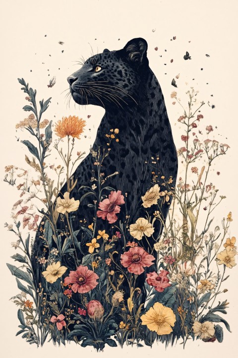 Little Panther Amid Wildflowers in Retro Aesthetic