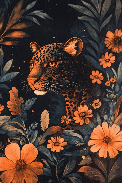 Little Panther in Retro Botanical Scene