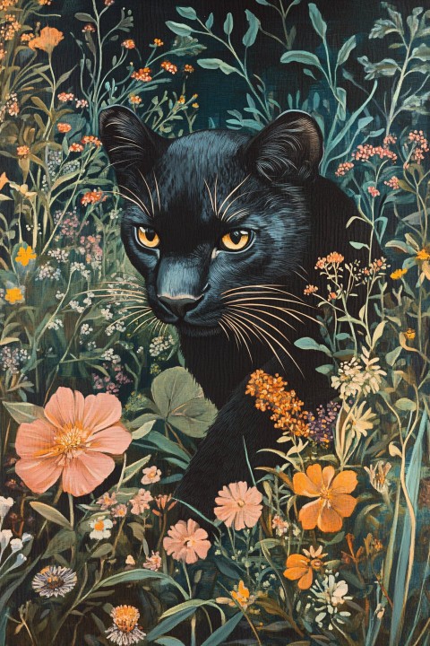 Little Panther in a Retro Wildflower Scene