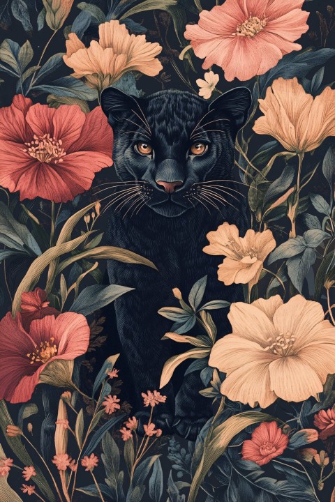 Little Panther in a Retro Floral Setting