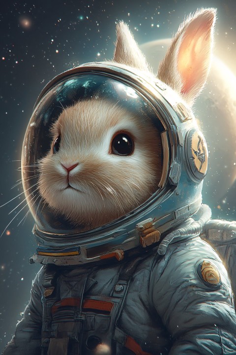 Astronaut Bunny Floating Peacefully Near the Moon Illustration