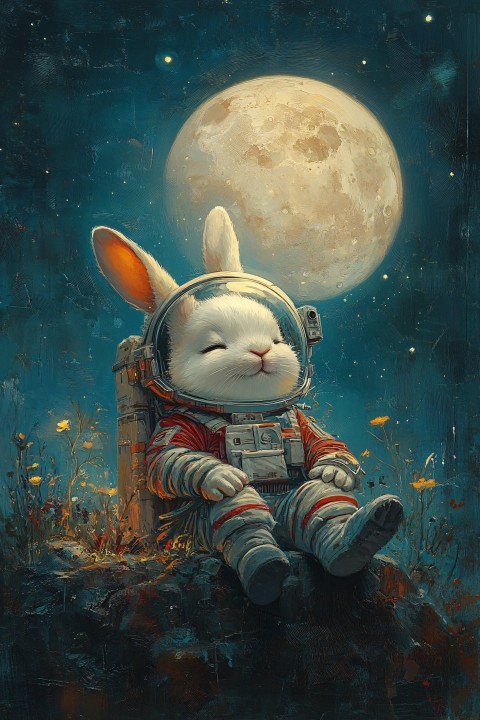 Peaceful Astronaut Bunny Floating Near Moon Illustration