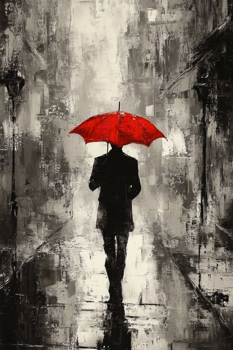 French Man Walking in Rain with Red Umbrella