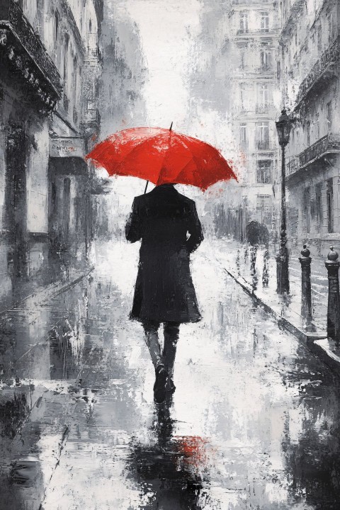 French Man with Red Umbrella in Rain, Black & White