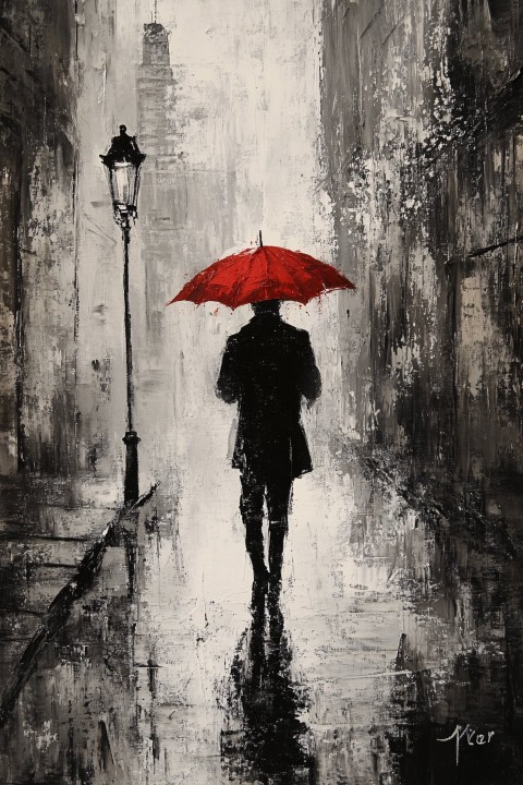 French Man with Red Umbrella in Rain, Black & White