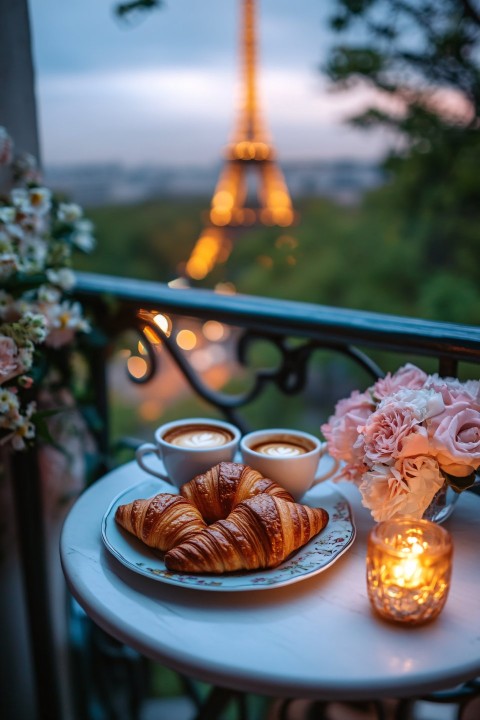 Coffee and Croissants on Paris Balcony with Eiffel Tower