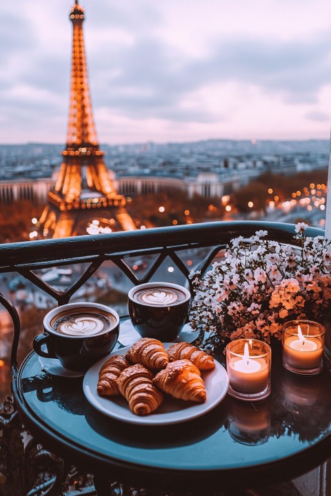 Coffee and Croissants on Paris Hotel Balcony with Eiffel Tower