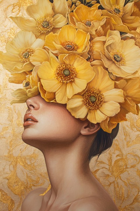 Yellow Flowers on Head with Gold Leaf Accents