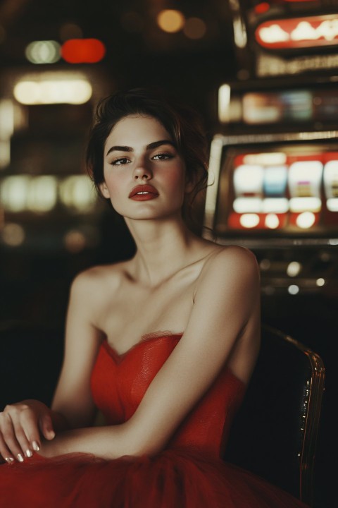 Woman in Red Dress Playing Slot Machine in Casino