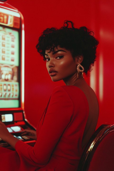 Woman in Red Dress Playing Slot Machine in Casino