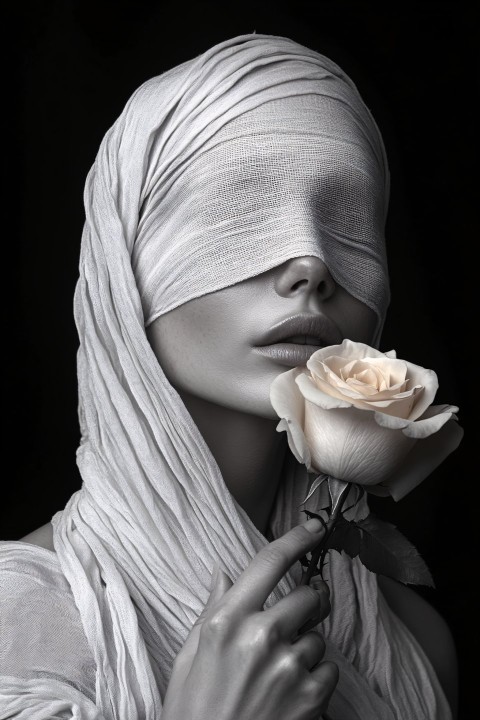 Blindfolded Woman Holding Rose in High Contrast Photography