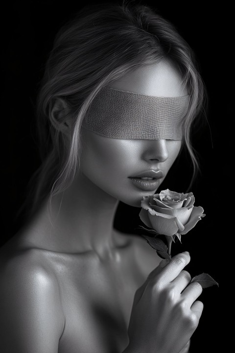 Blindfolded Woman Holding Rose in Black and White