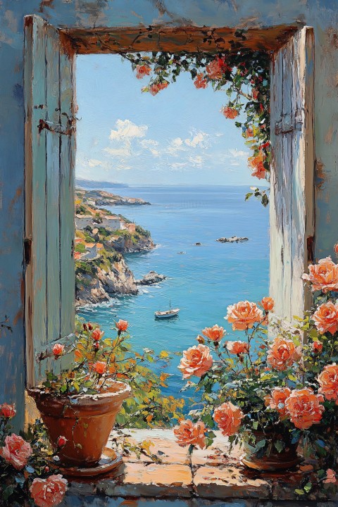 Open Window with Roses, Sea View, Oil Painting