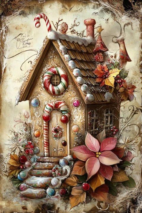 Whimsical Christmas Gingerbread House on Aged Paper