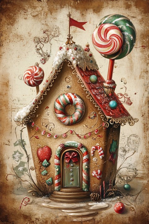 Christmas Gingerbread House on Vintage Paper Background