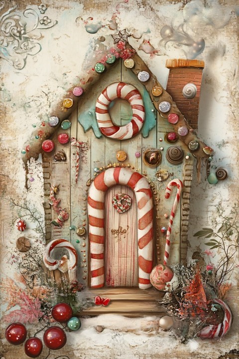 Whimsical Christmas Gingerbread House on Aged Paper Background