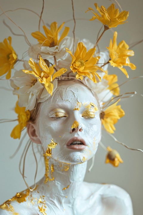 Woman with Yellow Flowers and Gold Foil Abstract Portrait