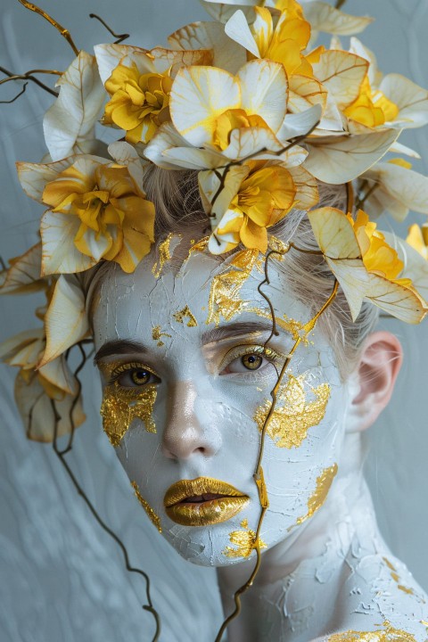 Woman with Yellow Flowers in Abstract Gold Foil Portrait