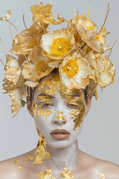 Golden Flowers Abstract Woman Portrait with Luxurious Details