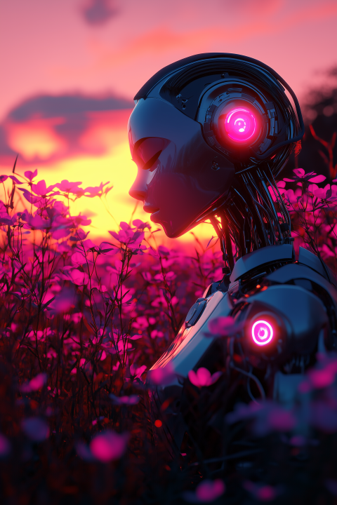 Futuristic Robot Amidst a Sunset Flower Field