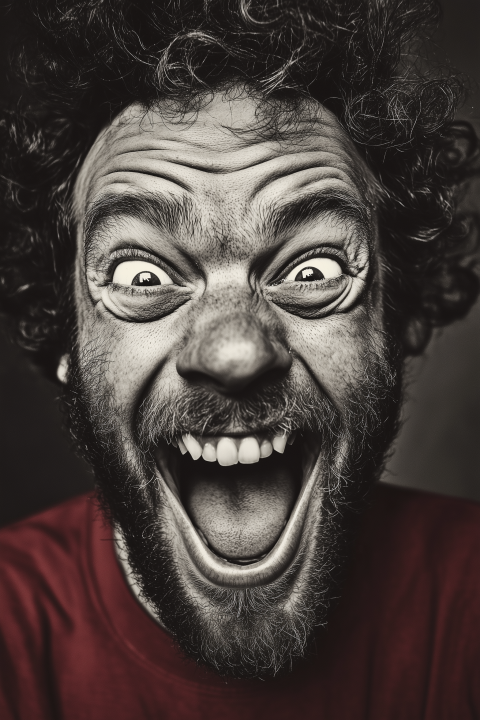 Expressive Black and White Portrait of a Man in Laughter