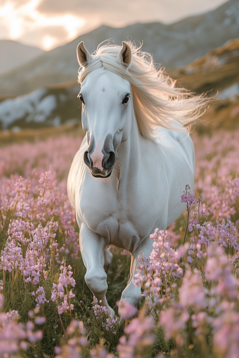 Majestic White Horse Running Through a Field of Pink Wildflowers