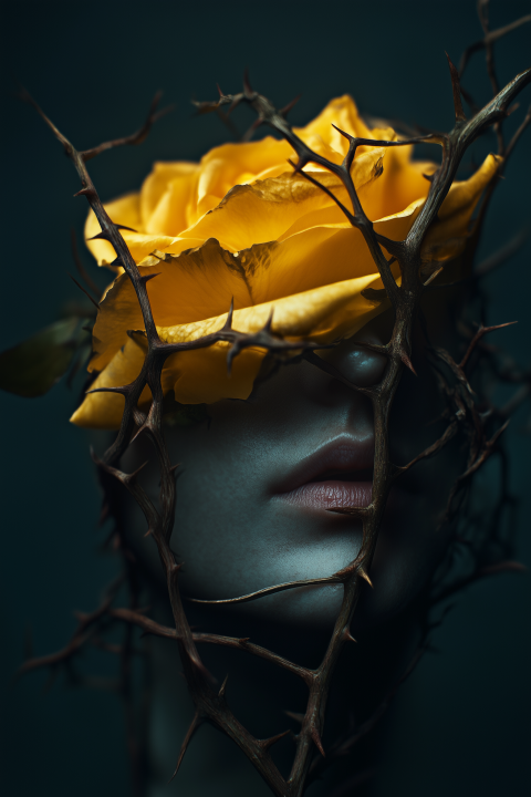 Face Entwined with Thorns and Yellow Rose