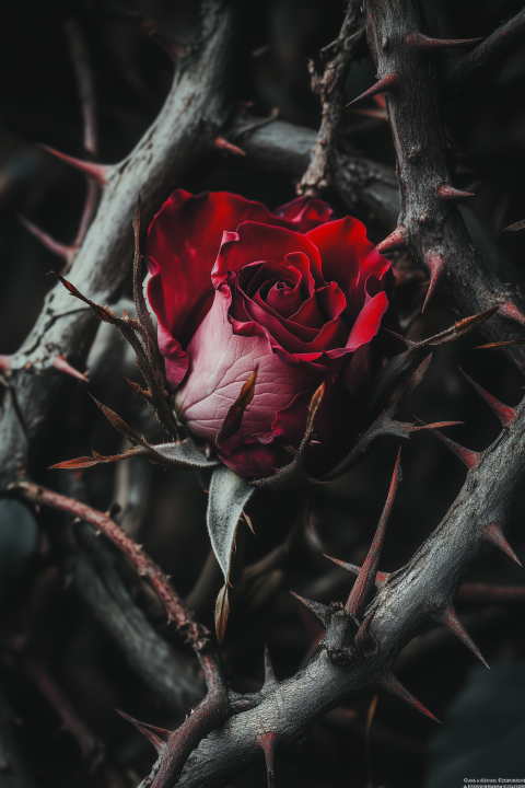 Red Rose Entwined in Thorns - Symbolism of Beauty and Pain