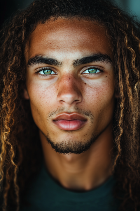 Close-Up Portrait of a Young Man with Green Eyes and Curly Hair