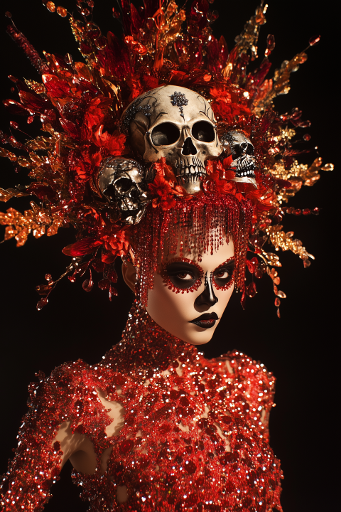 Día de los Muertos Inspired Woman in Ornate Skull Headdress and Red Beaded Costume