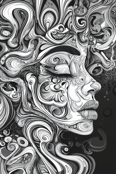 Abstract black and white swirling face design in profile