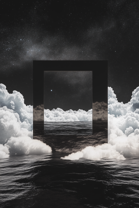 Surreal portal with ocean and clouds under a starry night sky