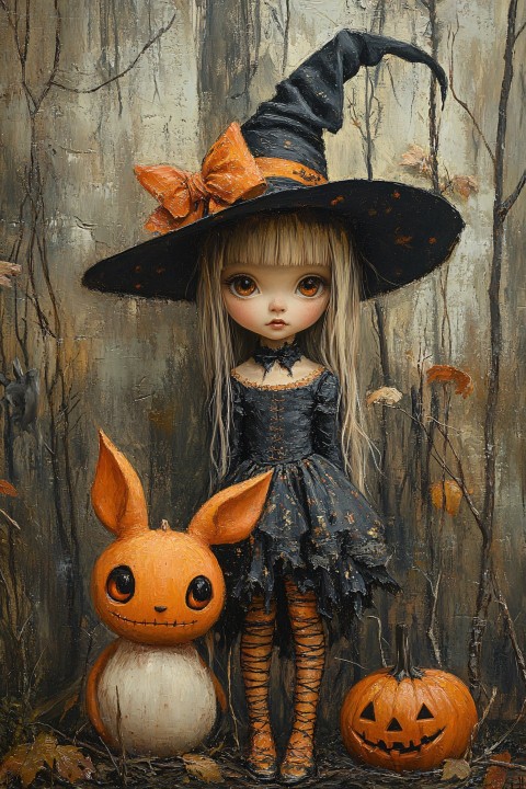 Whimsical Halloween Girl in Orange and Black Costume