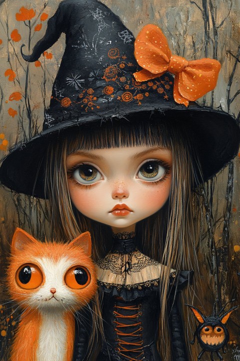 Whimsical Halloween Girl with Animal Companion in Folk Art Style