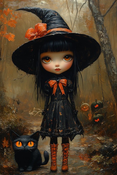 Whimsical Halloween Witch with Animal Companion