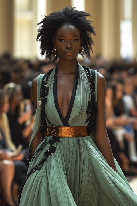 Woman Model in Mint Green Dress at Paris Fashion Week