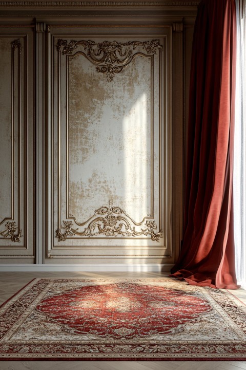 Luxurious Light Room with Gold Wall and Crimson Curtains