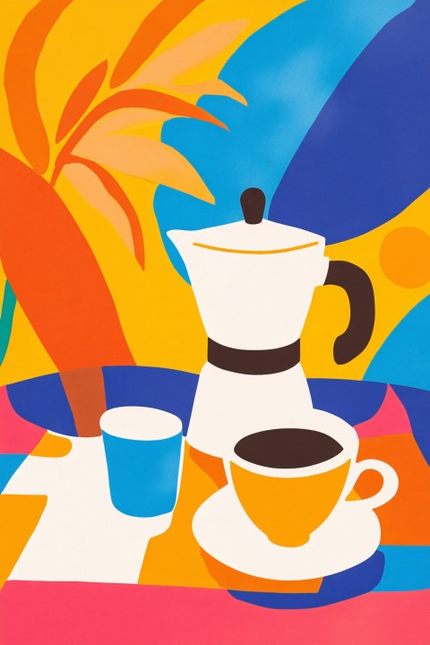 Colorful Matisse style a Espresso Pot and Cup