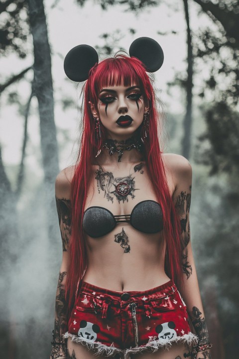 Woman in Mickey Mouse Shorts Gothic Fashion Photoshoot