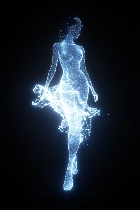 Elegant Holographic Woman AI in Swirling Light Dress