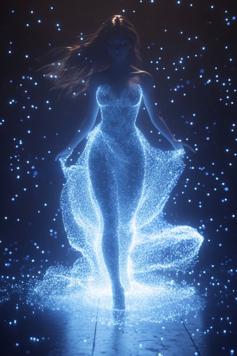 Elegant Woman AI Hologram in Digital Light Dress